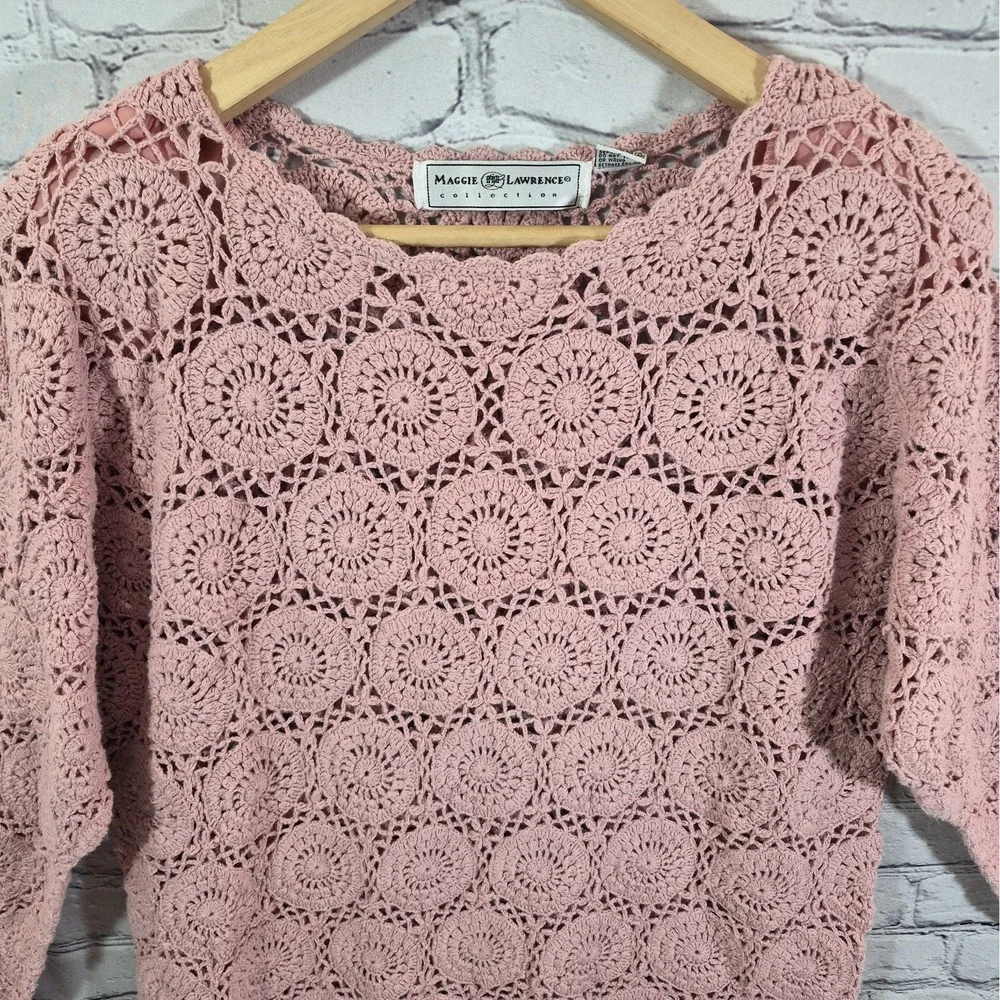 Vintage Crochet Sweater Womens L Blush Pink Mandala Coquette Coastal Pullover